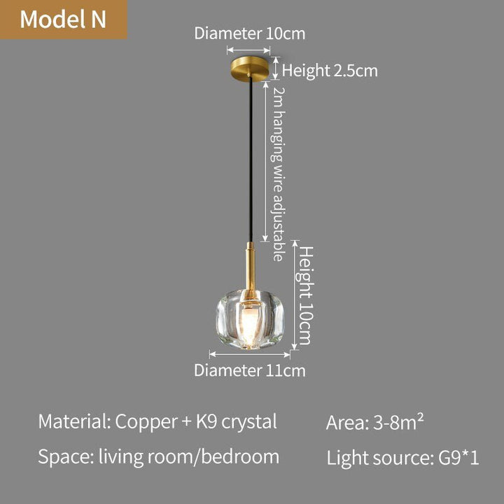 Nordic all-copper Light Luxury Post-modern Crystal Chandelier Model Room Dining Room Bedroom Bed Bar Creative Pendant light